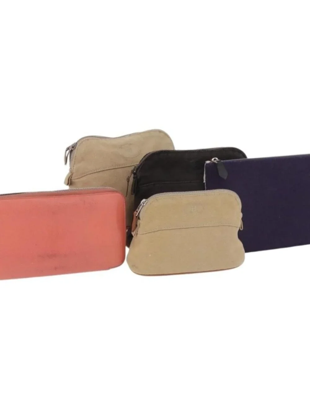 HERMES Pouch Canvas Leather 5 Set Beige Pink Purple Auth ti3991